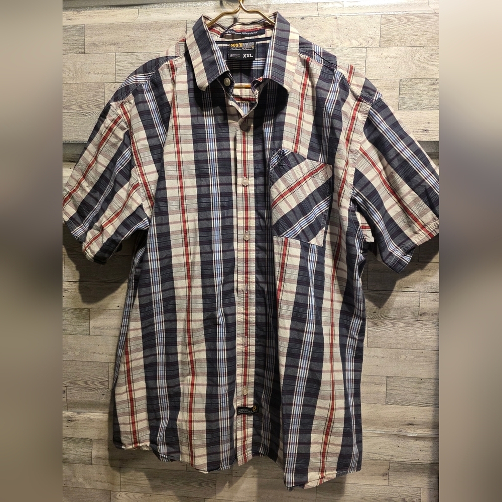 South Pole Men's Short-Sleeve Plaid Button-Down Shirt - Navy/White/Red